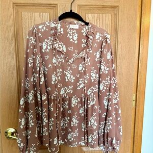 Elegant Floral Women's Blouse - Cream and Brown